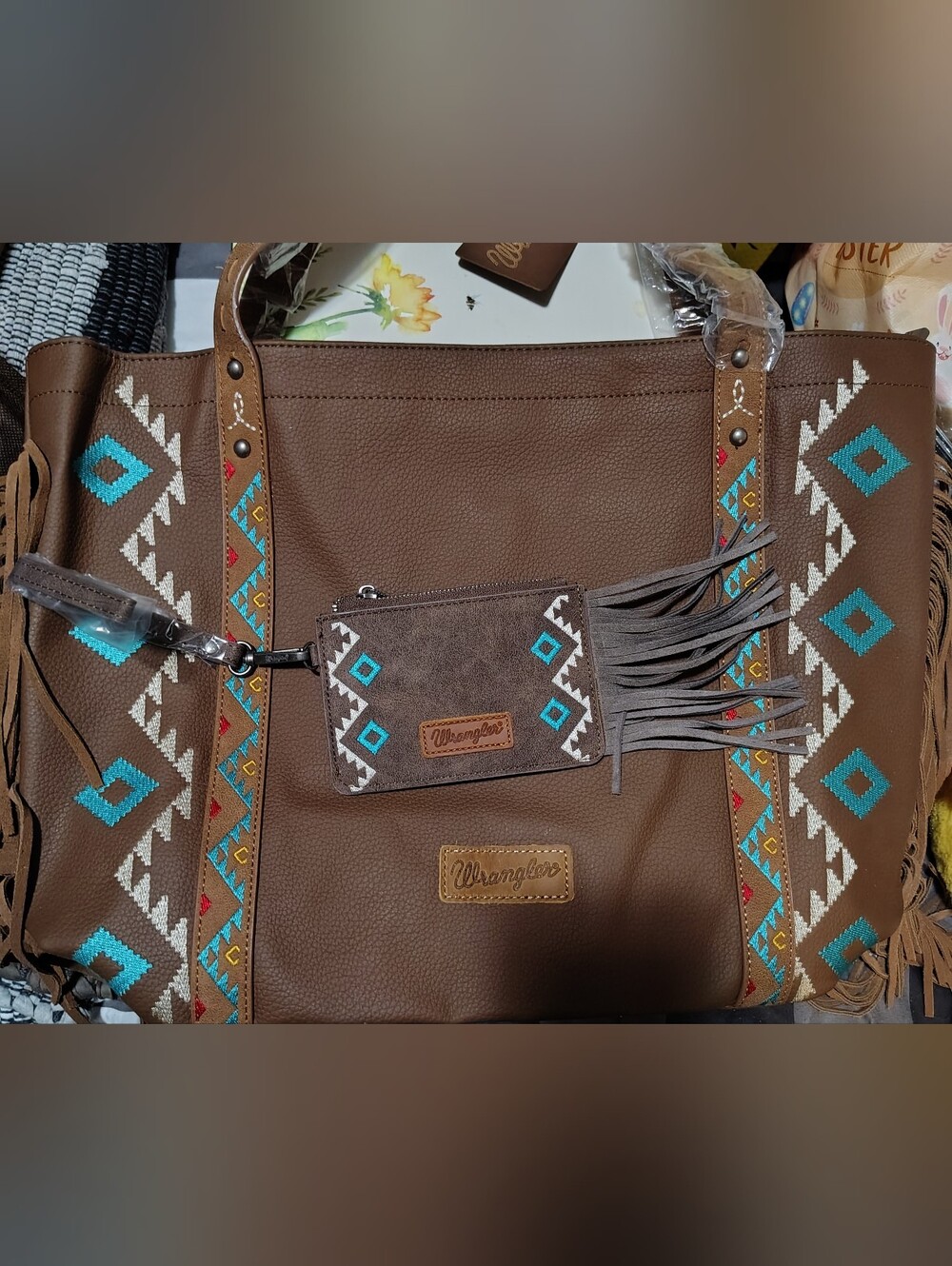 New Wrangler Aztec Fringe Embroidered Tote Bag W/ Matching Card Wallet/Wristlet